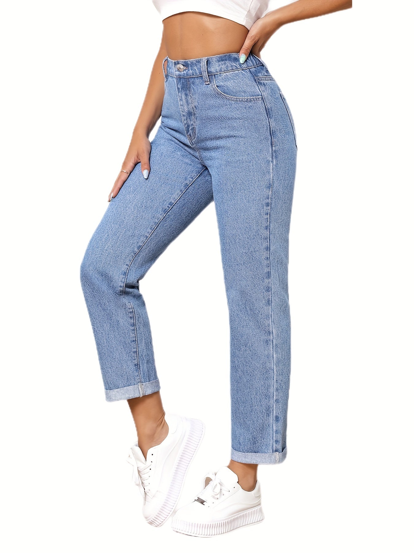 Straight Leg Elastic Waist Jeans Non Stretch Denim Pants