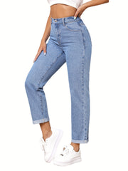 Straight Leg Elastic Waist Jeans Non Stretch Denim Pants