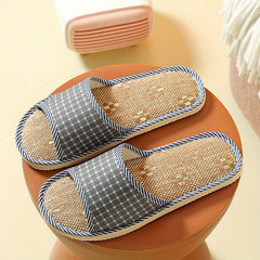 Men's Plaid Linen Non Slip Open Toe Slides For Indoor Home House Shoes