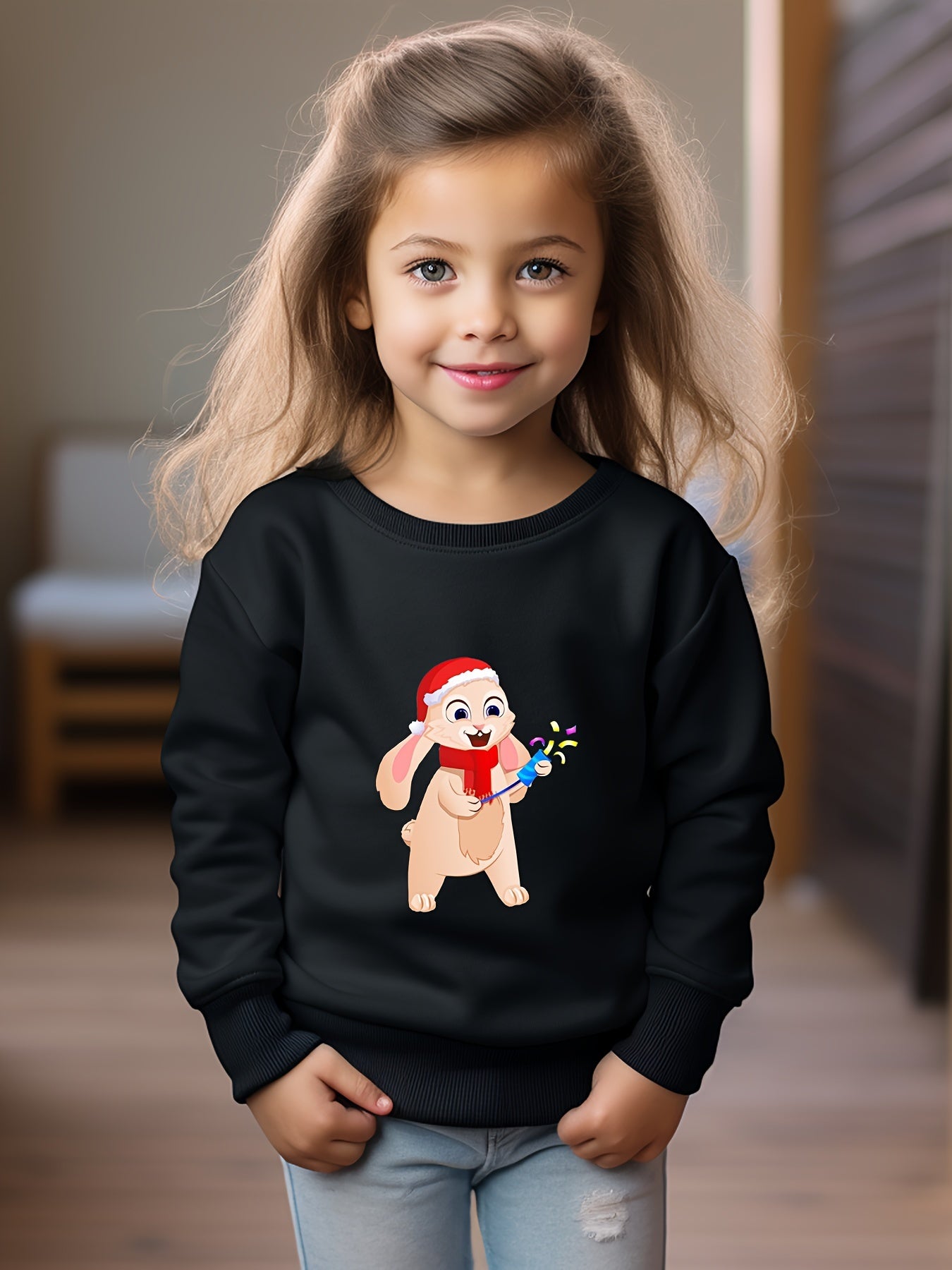 Christmas Bunny Print Girls Casual Pullover Sweatshirt