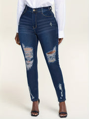 Dark Ripped Skinny Jeans Slim Fit Mid Stretch Denim Pant