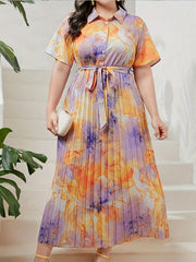 Floral Print Button Up Short Sleeve Shirt Dress With Belt