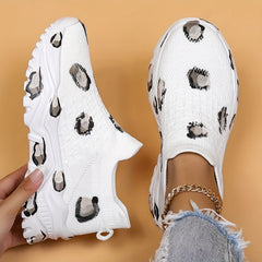 Leopard Print Platform Sneakers Slip On Breathable Running Shoes