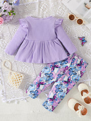 2pcs Girls Bowknot Top Butterfly Print Pants Set
