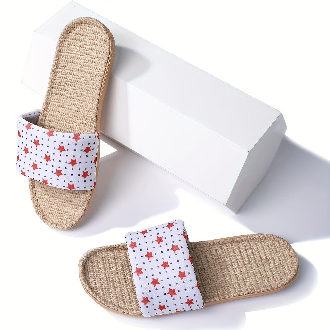 Star Pattern Slippers Causal Open Toe Pin Dots Print Flat Linen Shoes