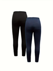 2 Pack Plus Size Casual Leggings Set Women's Plus Solid Elastic High Rise Leggin