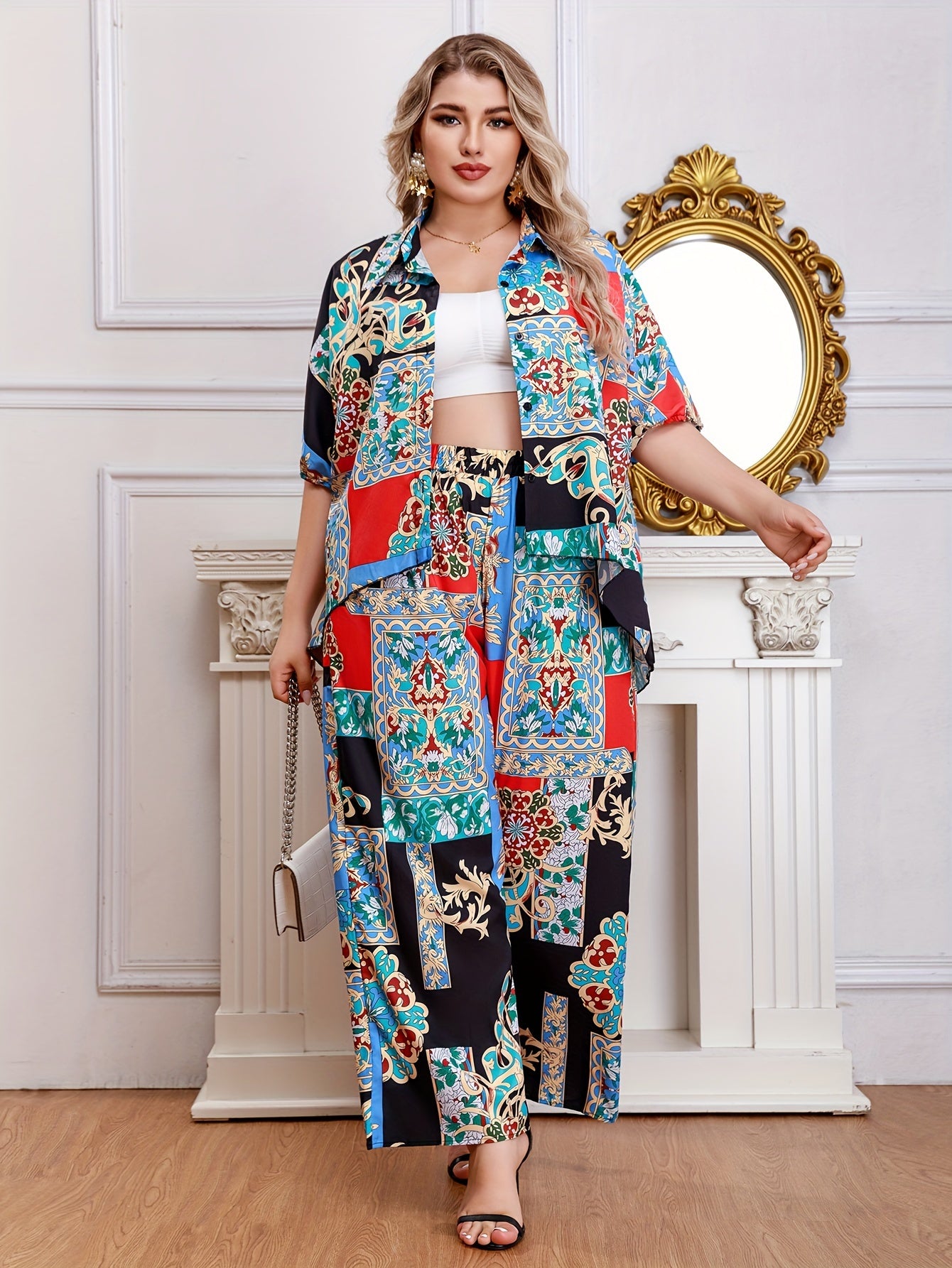 Women's Plus Scarf Print Half Sleeve Shirt & Loose Pants Set