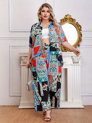 Women's Plus Scarf Print Half Sleeve Shirt & Loose Pants Set