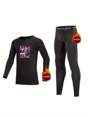 Kids Compression Fleece Set - Cartoon Crew Neck Pullover