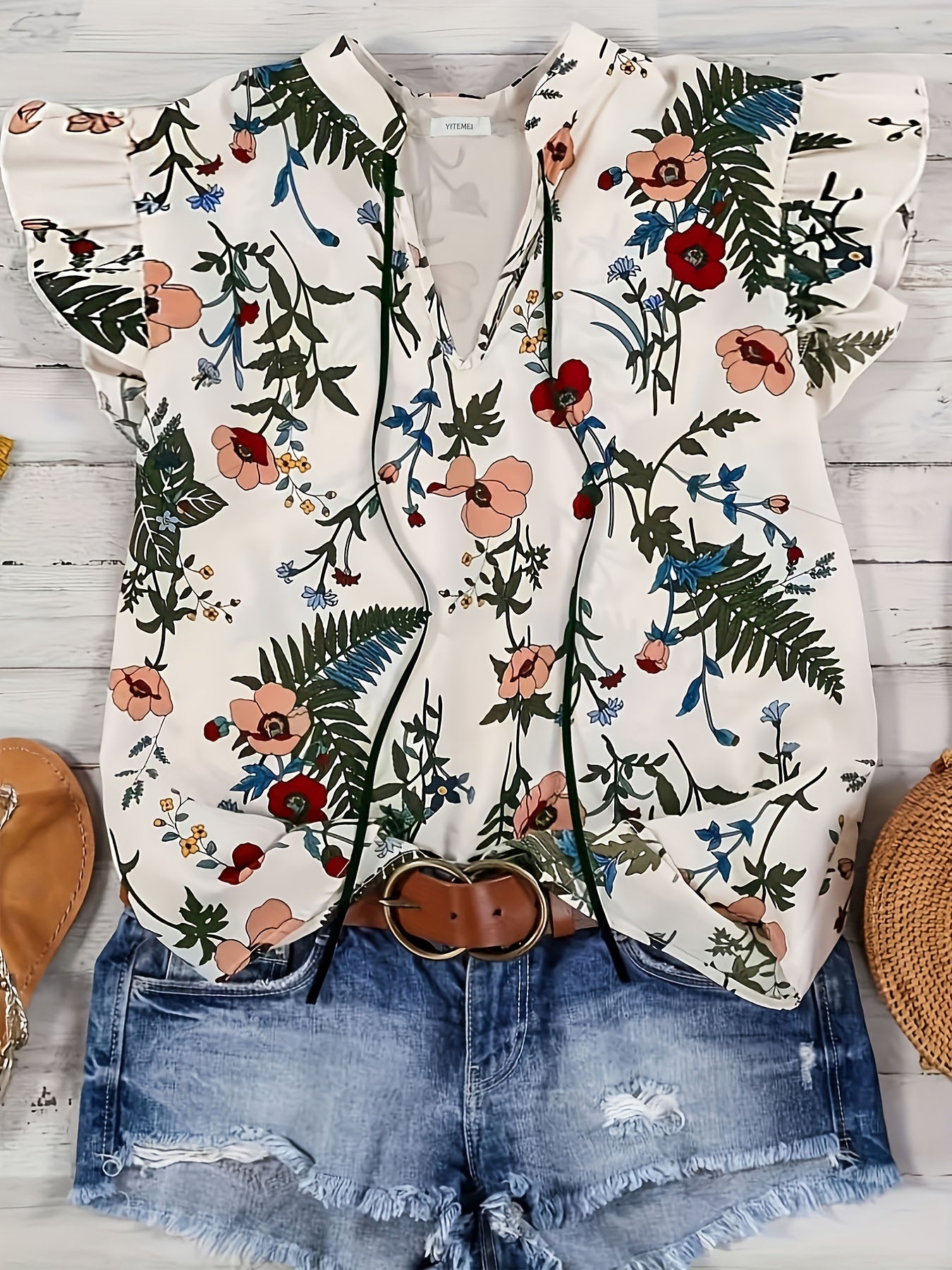 Women's Plus Floral Print Ruffle Sleeve Notched Neck Keyhole Tie Top