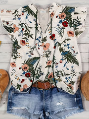 Women's Plus Floral Print Ruffle Sleeve Notched Neck Keyhole Tie Top