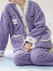 Bear Print Pajama Set Long Sleeve Top & Pants Women's Sleepwear