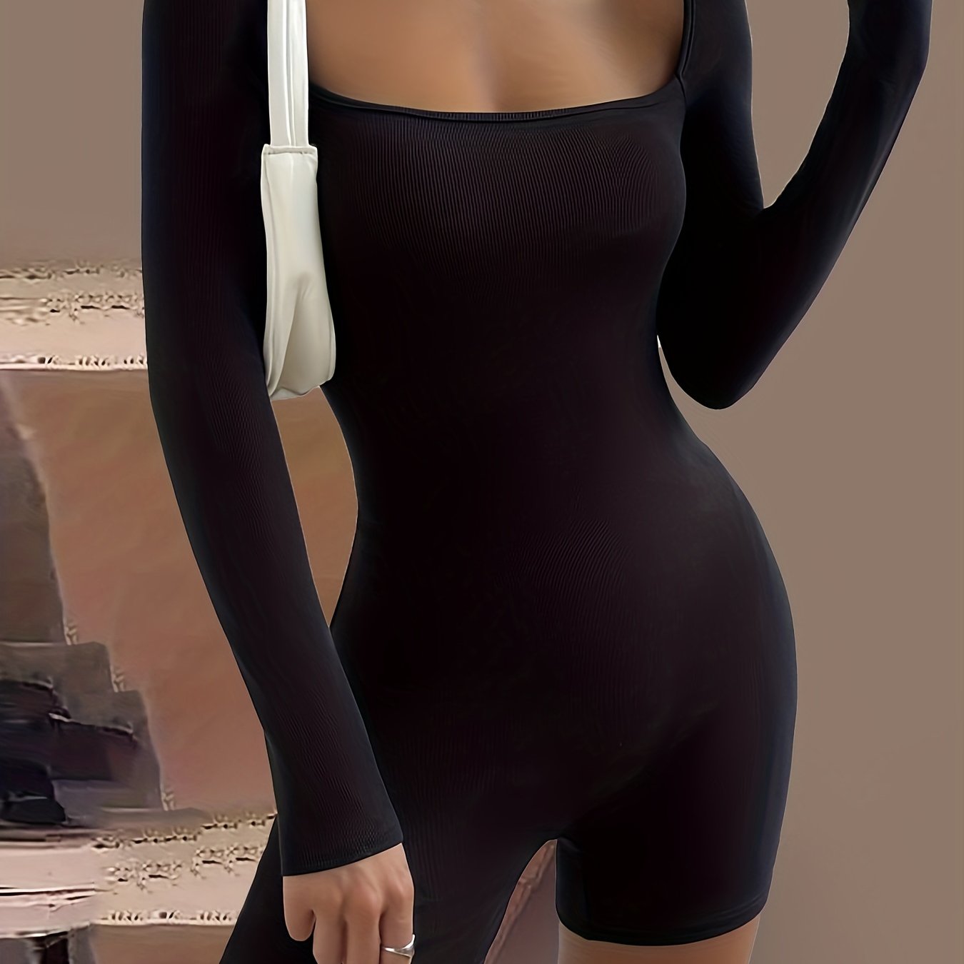 Solid Squared Neck Romper Casual Long Sleeve Bodycon Romper Women's Clothing