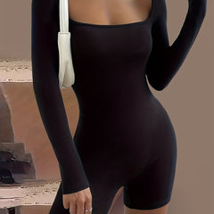 Solid Squared Neck Romper Casual Long Sleeve Bodycon Romper Women's Clothing