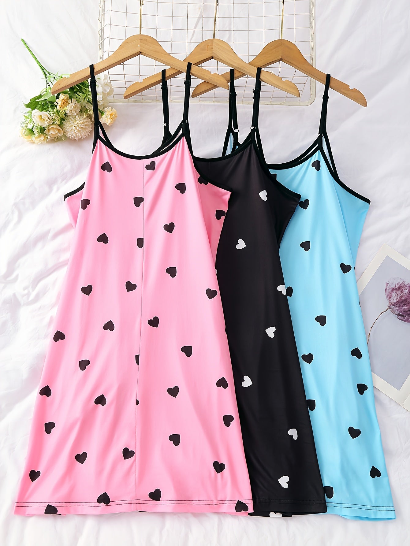 3 Piece Plus Size Heart Print Nightdress Set