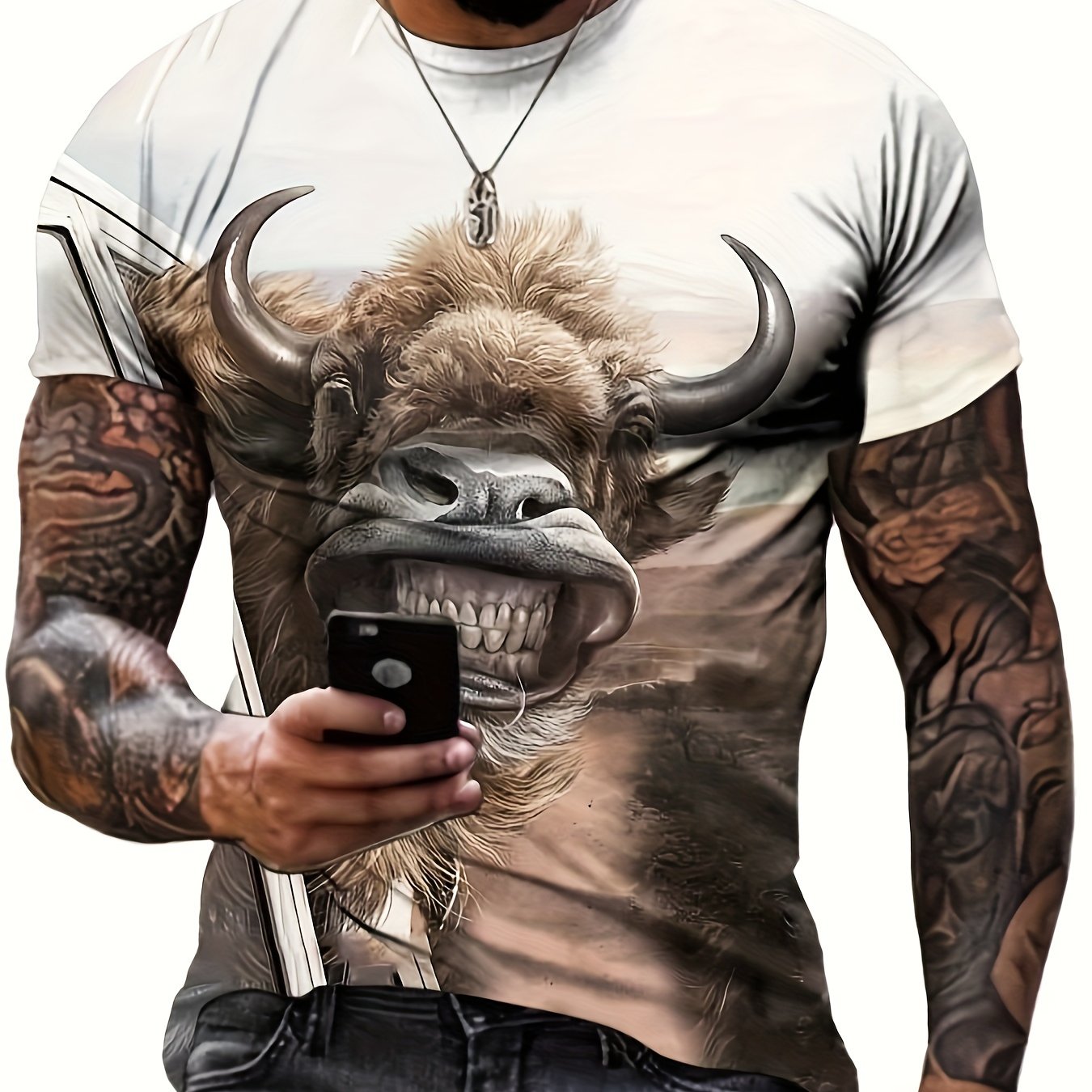 Bull Pattern Print Men's Short Sleeve T-shirt Graphic Tee