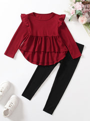 Girl's Ribbed Peplum Top & Leggings Set For Spring Fall