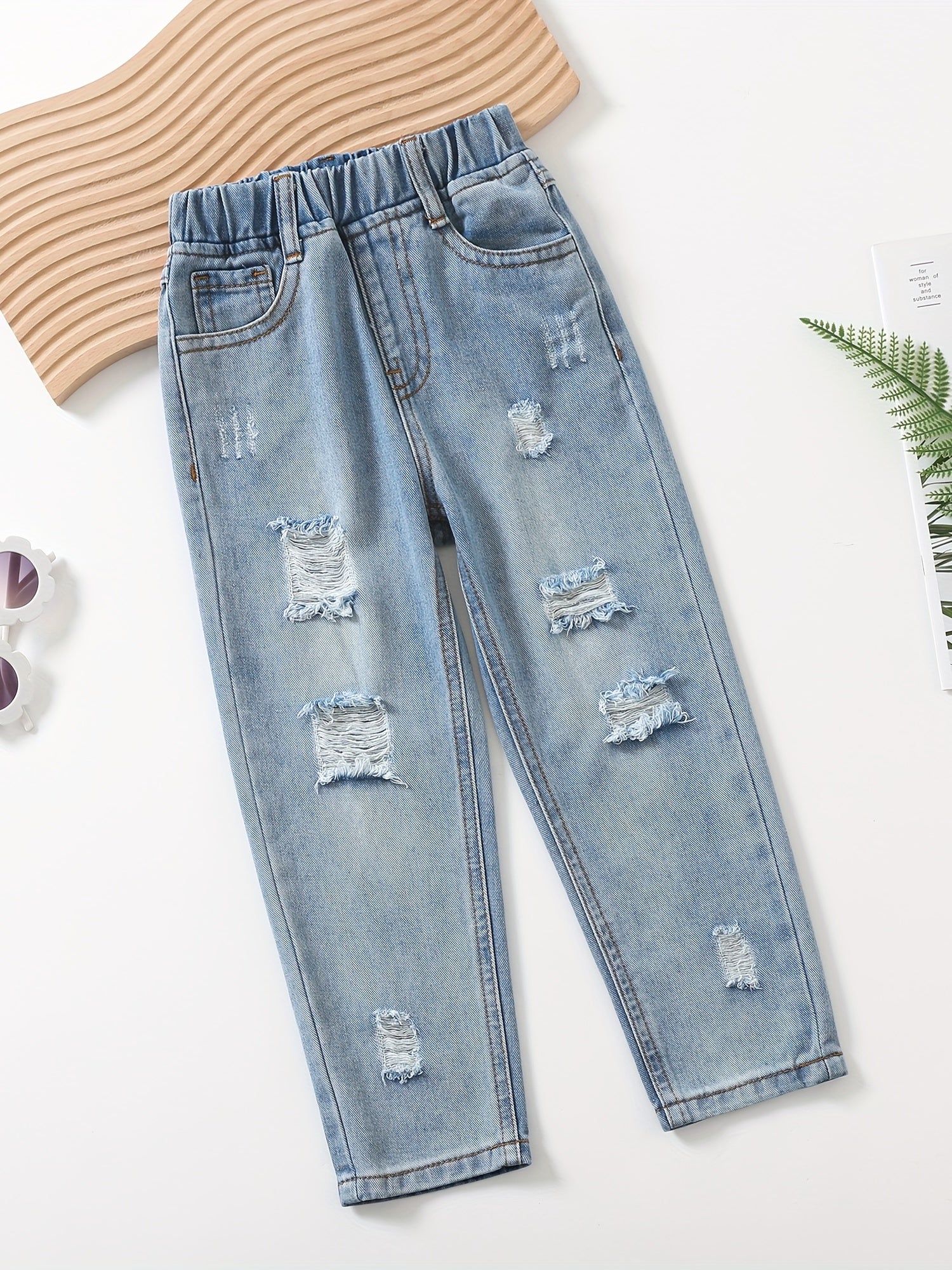 Girls' Cotton Slim Jeans Elastic Waist Ripped Jeans