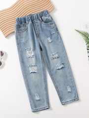 Girls' Cotton Slim Jeans Elastic Waist Ripped Jeans