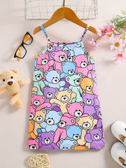 Kid Girls Bear Print Spaghetti Sun Dress Summer Clothes