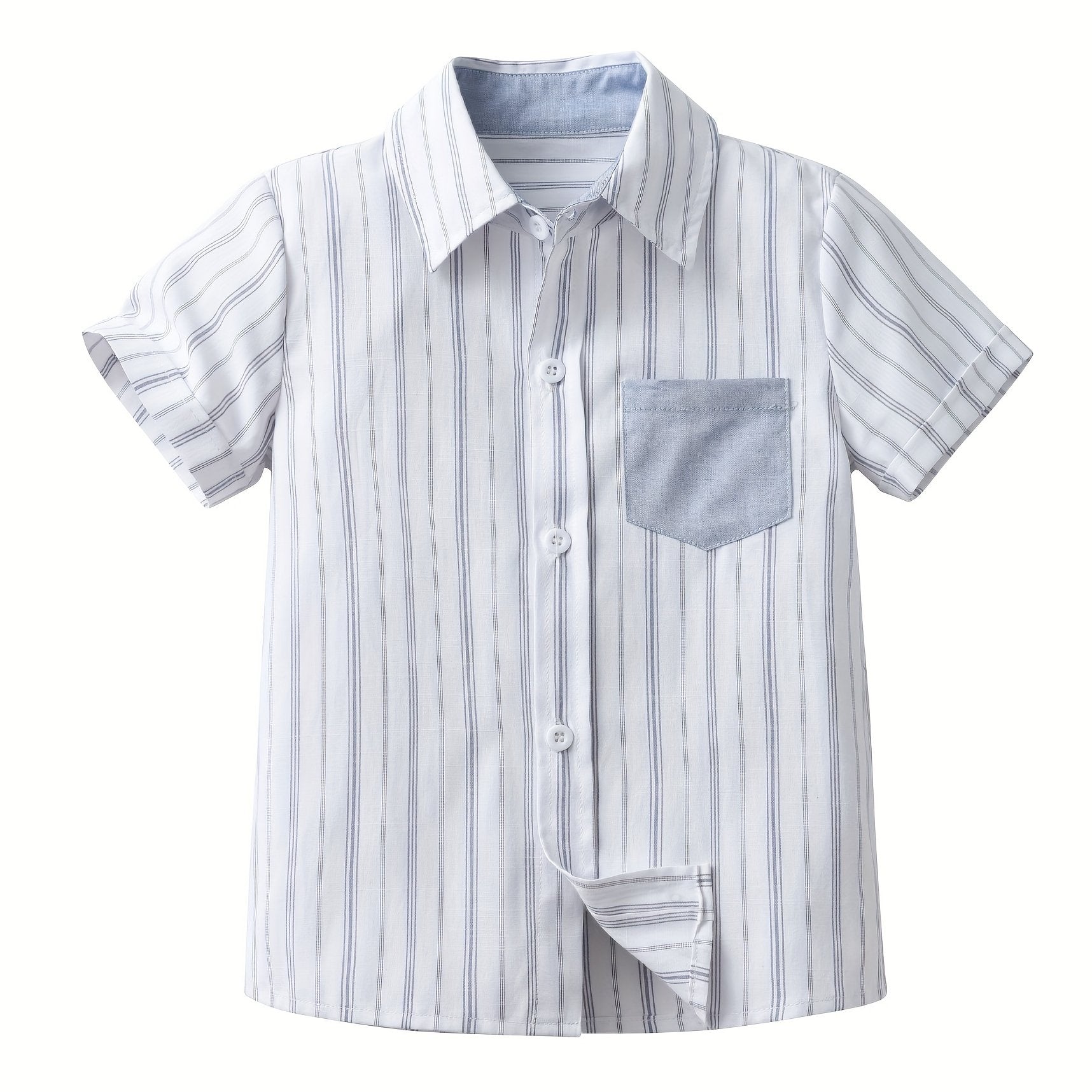 Boys Striped Shirt with Pocket Short Sleeve Lapel Shirt