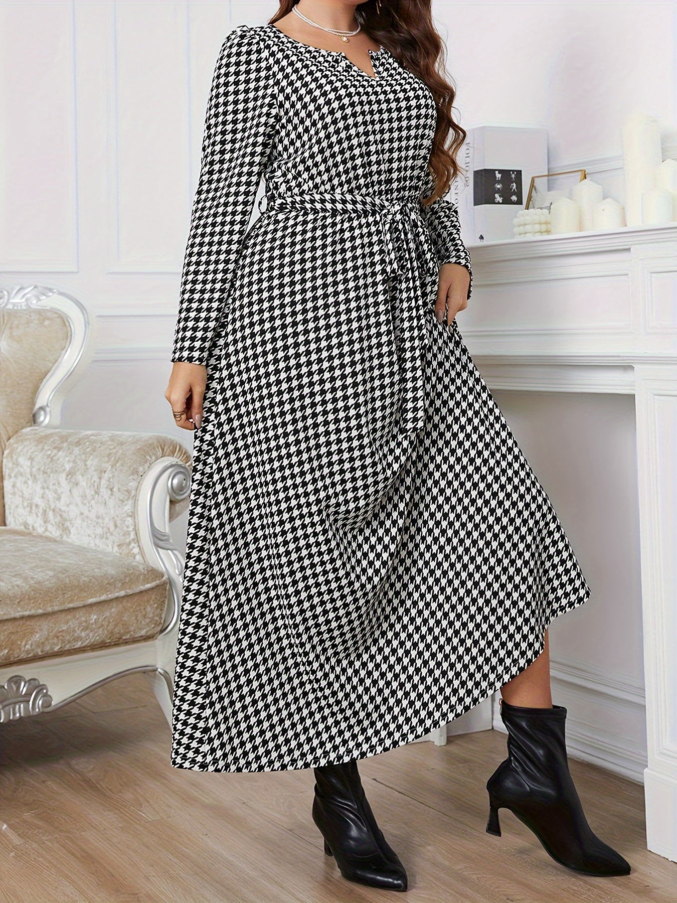 Houndstooth Print Long Sleeve Maxi Dress With Belt