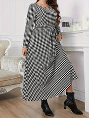 Houndstooth Print Long Sleeve Maxi Dress With Belt