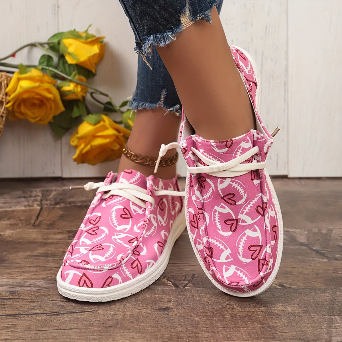 Women's Rugby & Heart Pattern Canvas Shoes Comfort Slip on Boat Shoes