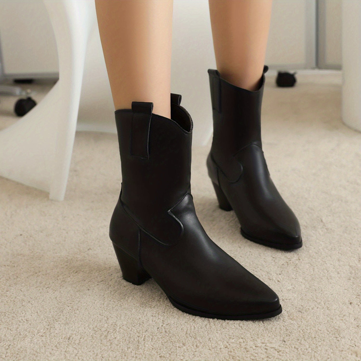 Chunky Heeled Cowboy Boots V cut Ankle Boots