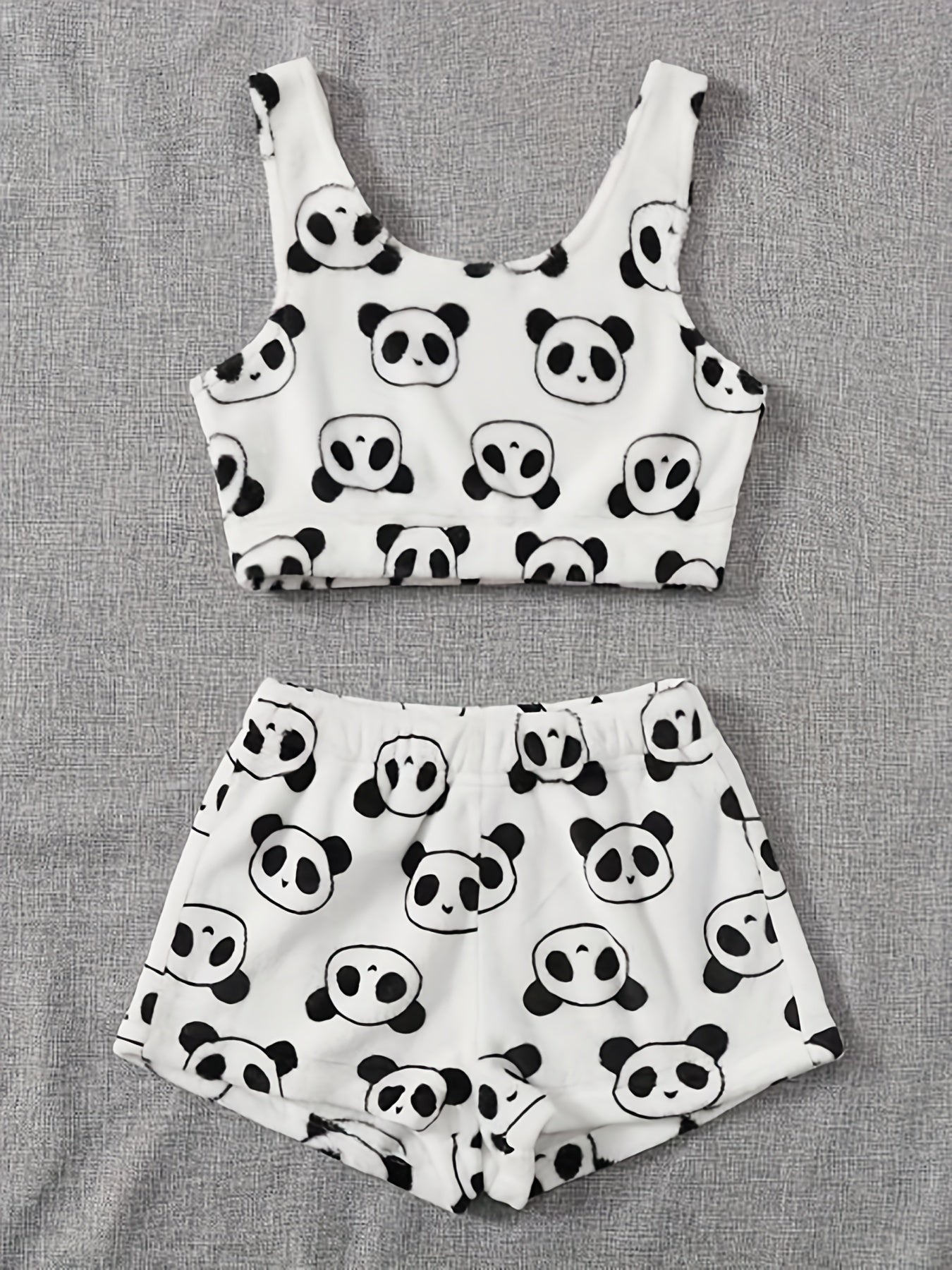 Flannel Panda Print Crop Tank Top & Shorts Pajama Set