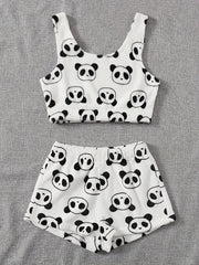 Flannel Panda Print Crop Tank Top & Shorts Pajama Set