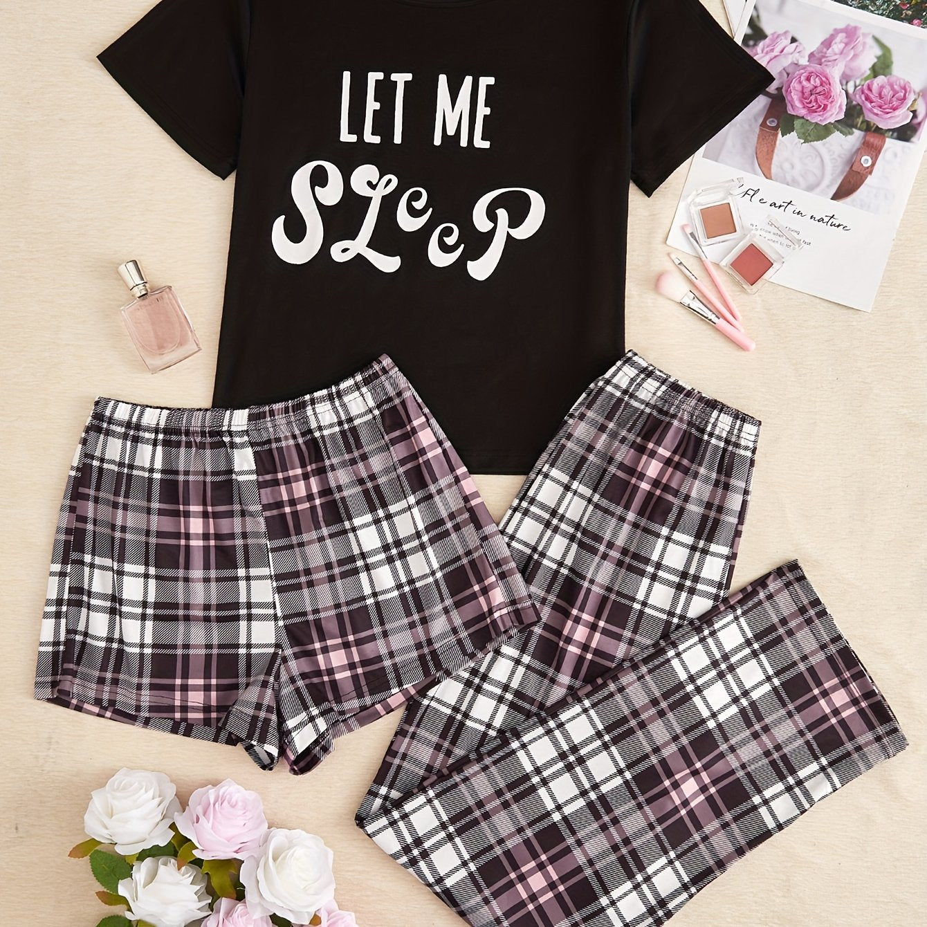 Letter & Plaid Print Pajama Set Women's Sleepwear