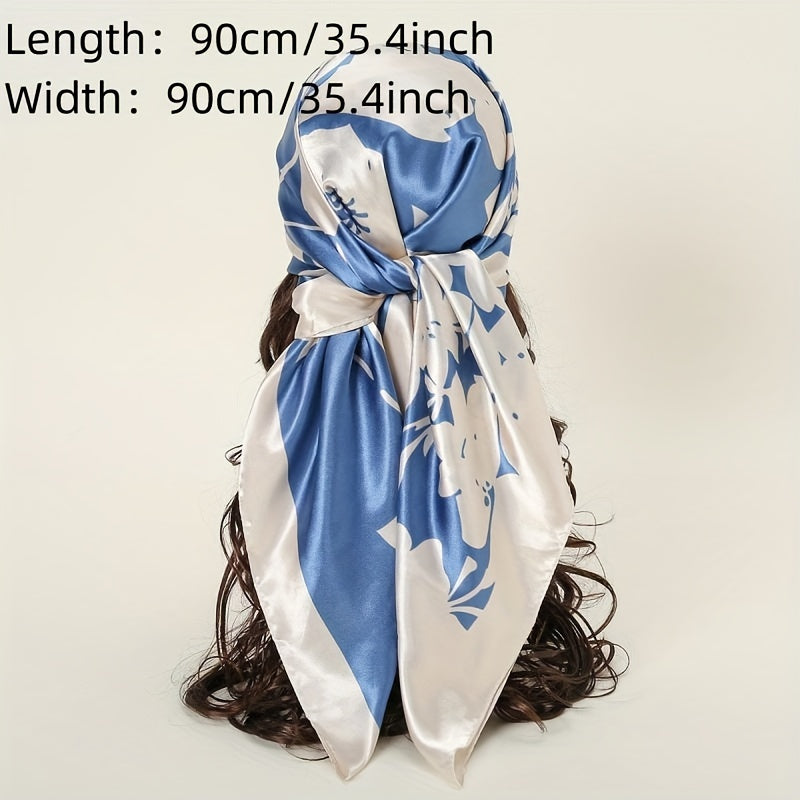 Boho Flower Print Square Scarf Silk Bandana Vintage Satin Shawl