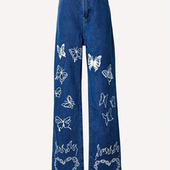 High Waist Butterfly Wide Leg Denim Pants