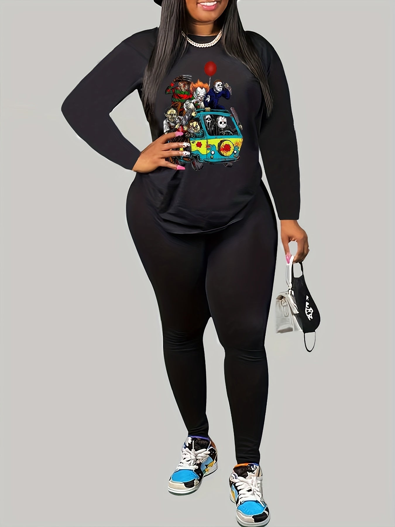 Halloween Casual Outfit Two Piece Set Women's Plus Cartoon Print