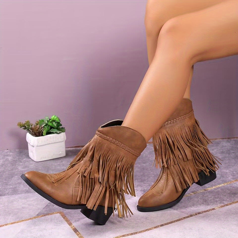 Tassel Boots Slip On Chunky Heel Ankle Boots