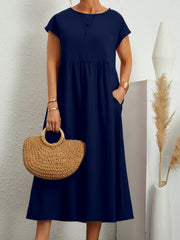 Casual Dress Solid Round Neck Cap Sleeve Midi Dress With Pockets
