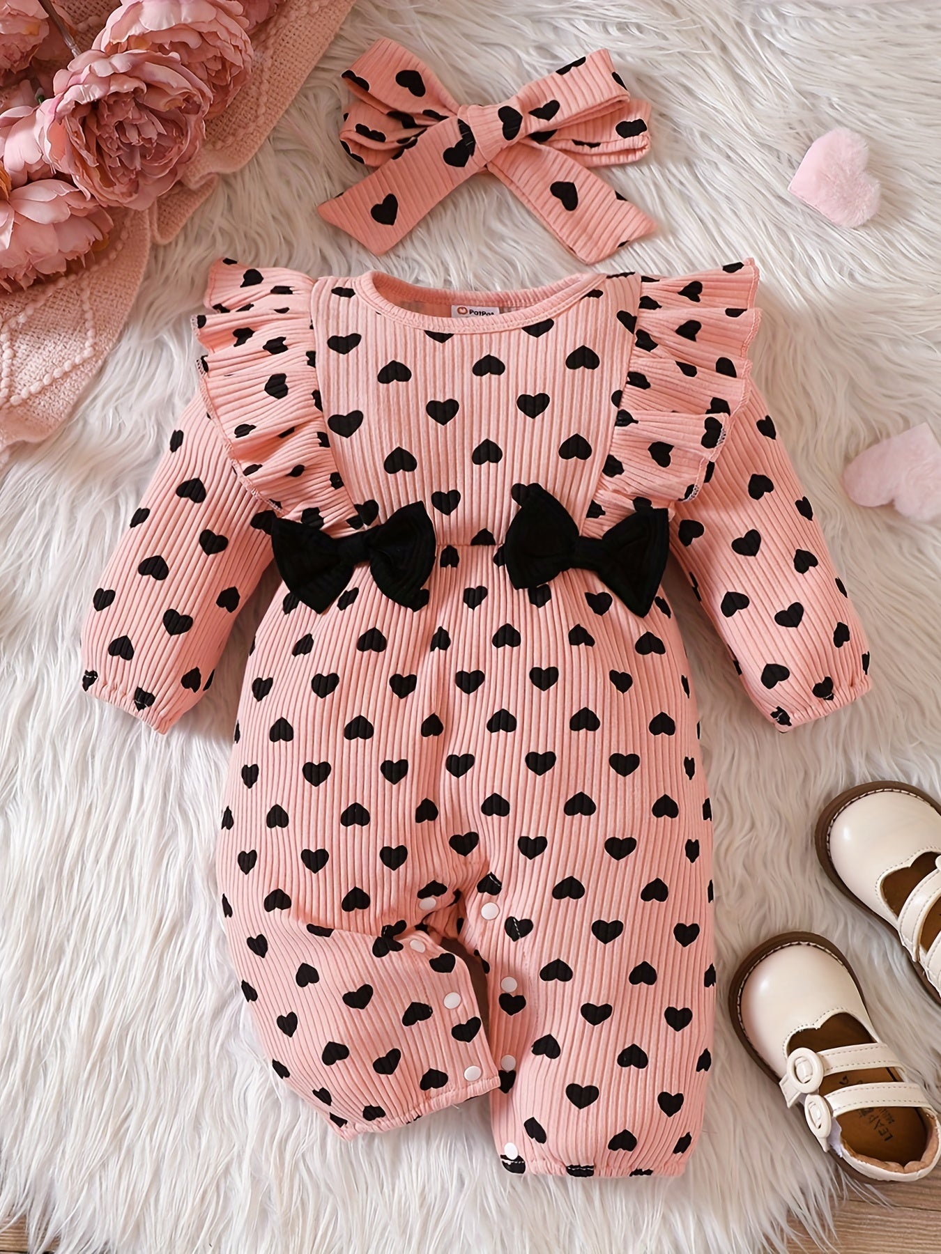 Infant Baby Girl Love Ruffle Long Sleeve Jumpsuit Newborn Bow Romper
