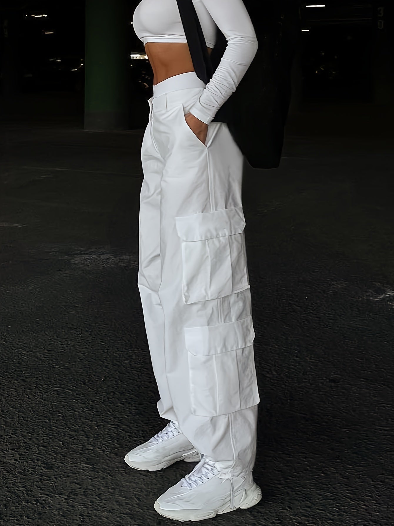 Solid Color Loose Cargo Pants with Elastic Waist