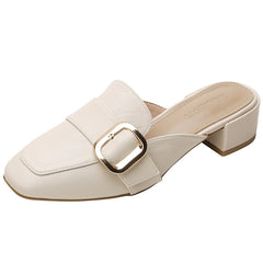 Women's Buckle Belt Flat Mules Square Toe Slip On Slides Sandals