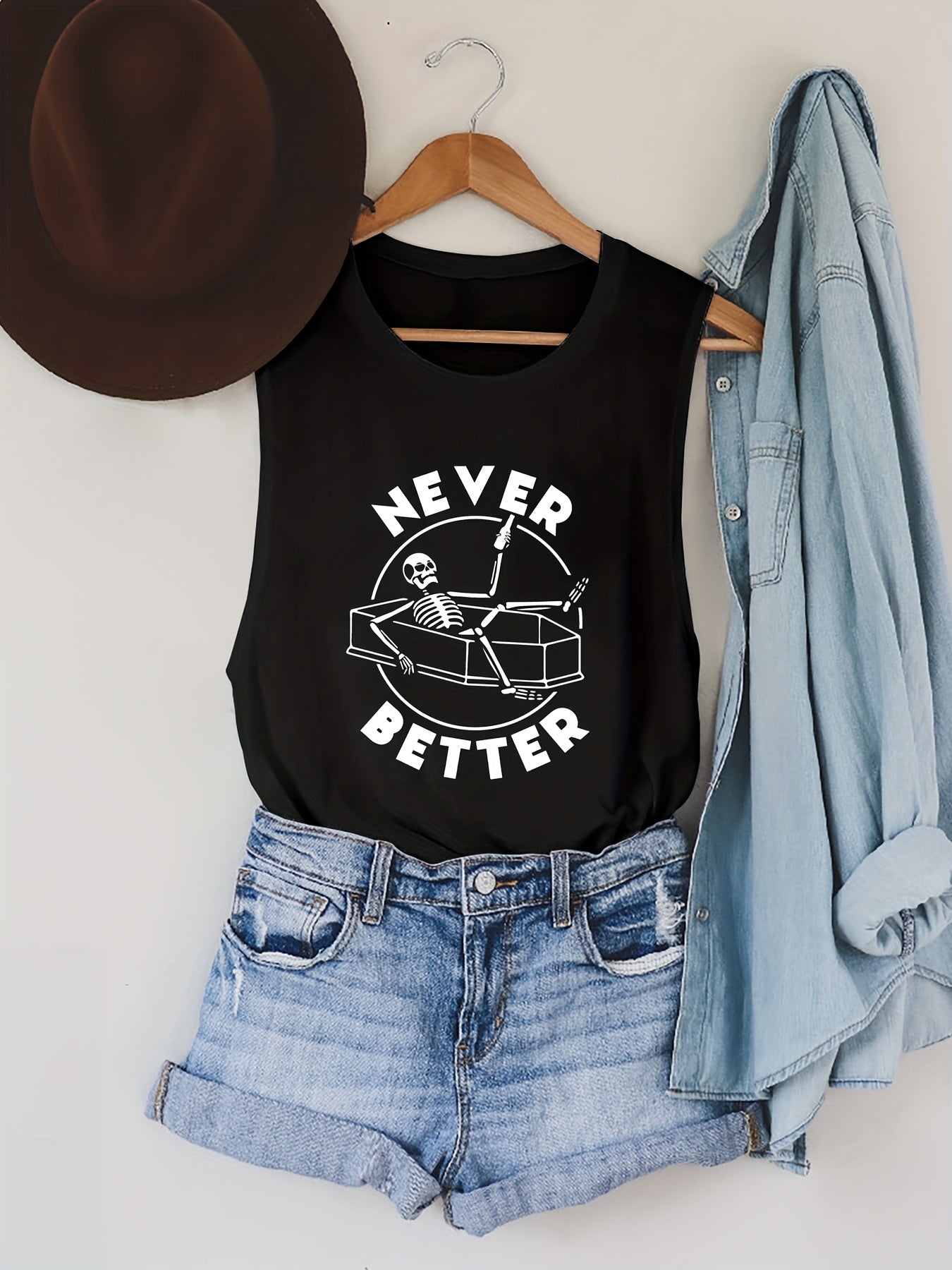 Skeleton & NEVER BETTER Print Tank Top Summer Sleeveless Top