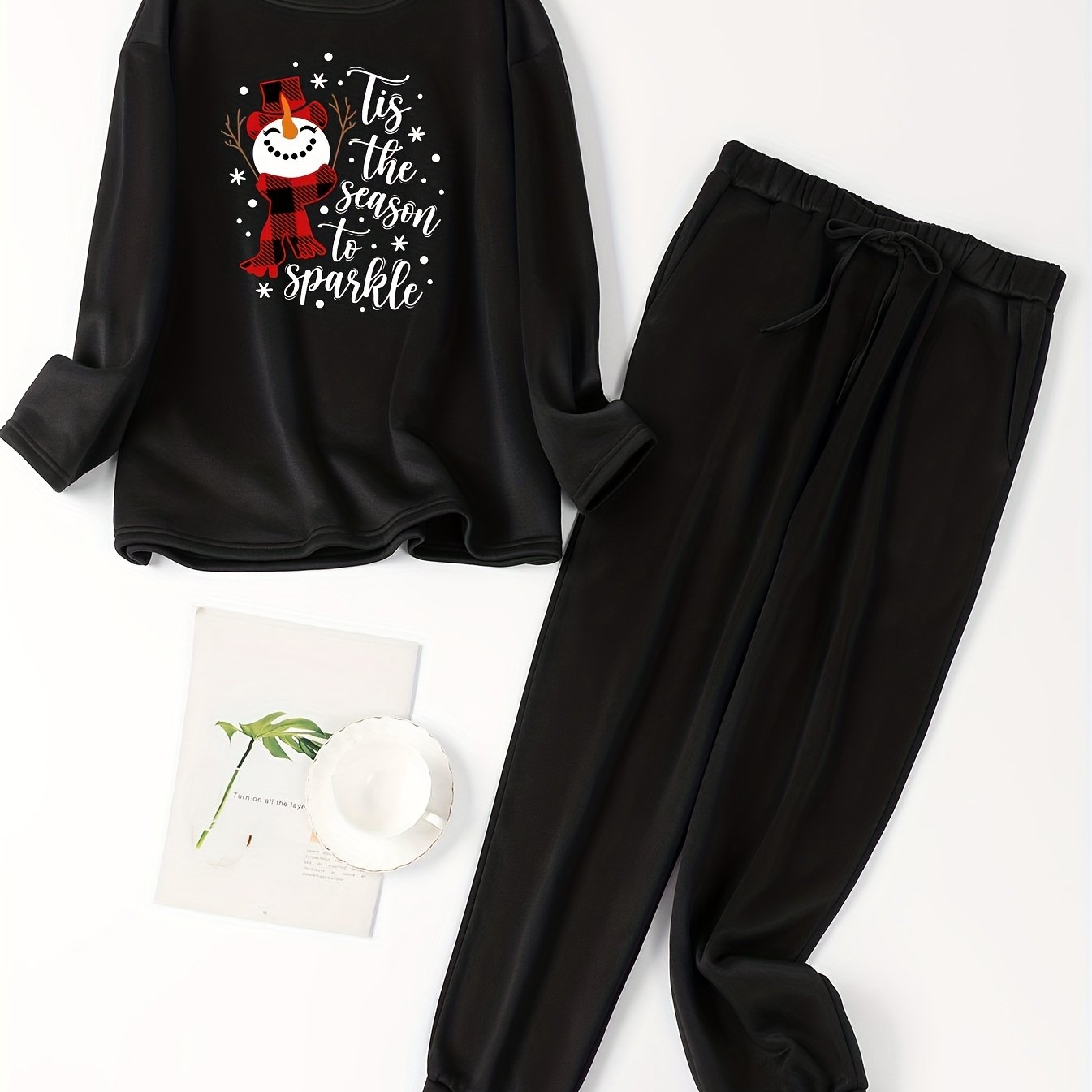 Snowman & Slogan Print Pajama Set - Plus Size