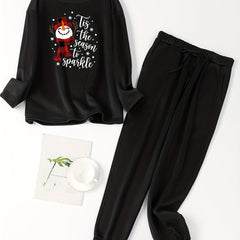 Snowman & Slogan Print Pajama Set - Plus Size