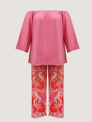 Off Shoulder Top & Floral Wide Leg Pants 2-Piece Set