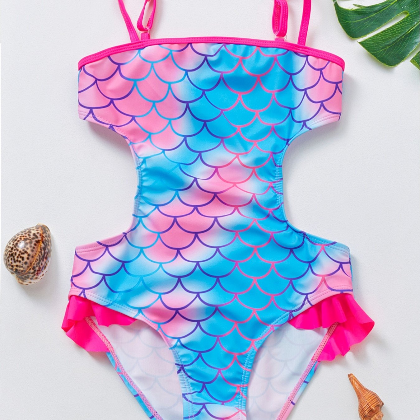 Toddler Girls Fish Scale Ruffle Trim Cami Swimsuit