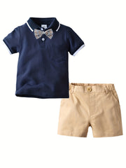 Boys Casual Polo Shirt & Shorts Set with Bow Tie