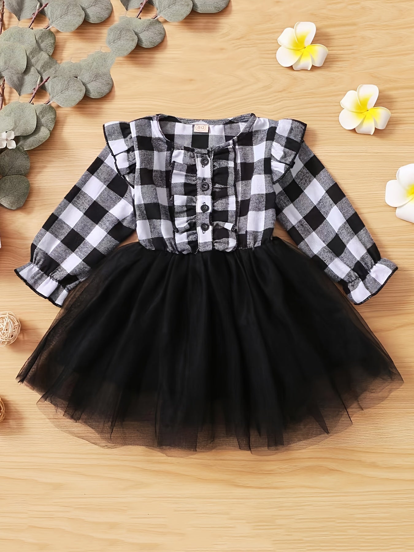 Girls Plaid Button Tulle Tutu Patchwork Princess Dress