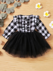 Girls Plaid Button Tulle Tutu Patchwork Princess Dress