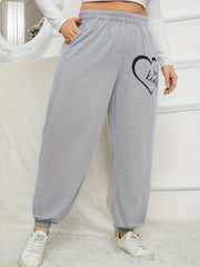 Women's Plus Size Sporty Pants Heart & Slogan Print Elastic Waist