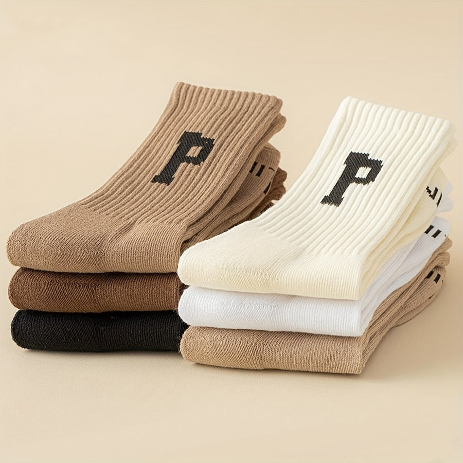 6 Pairs Letter Print Ribbed Socks Women's Stockings